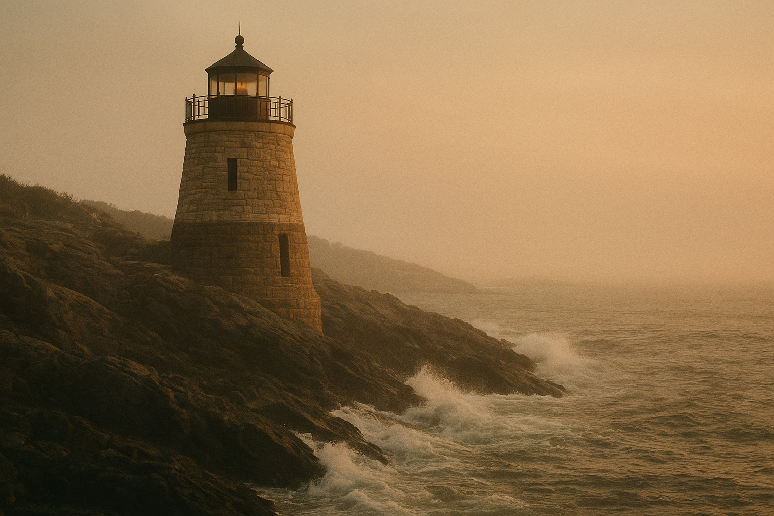 Historic stone lighthouse on a rugged northern coastline at dusk with sea haze and warm archival film tones