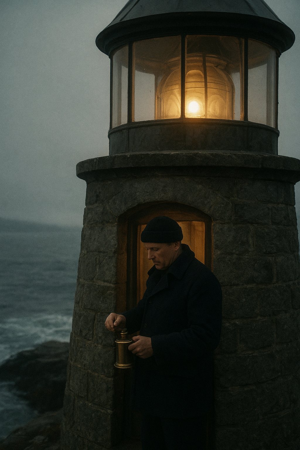 A lone lighthouse keeper in a dark wool coat checks the lantern room at dusk beside a weathered stone tower above rough northern coast water