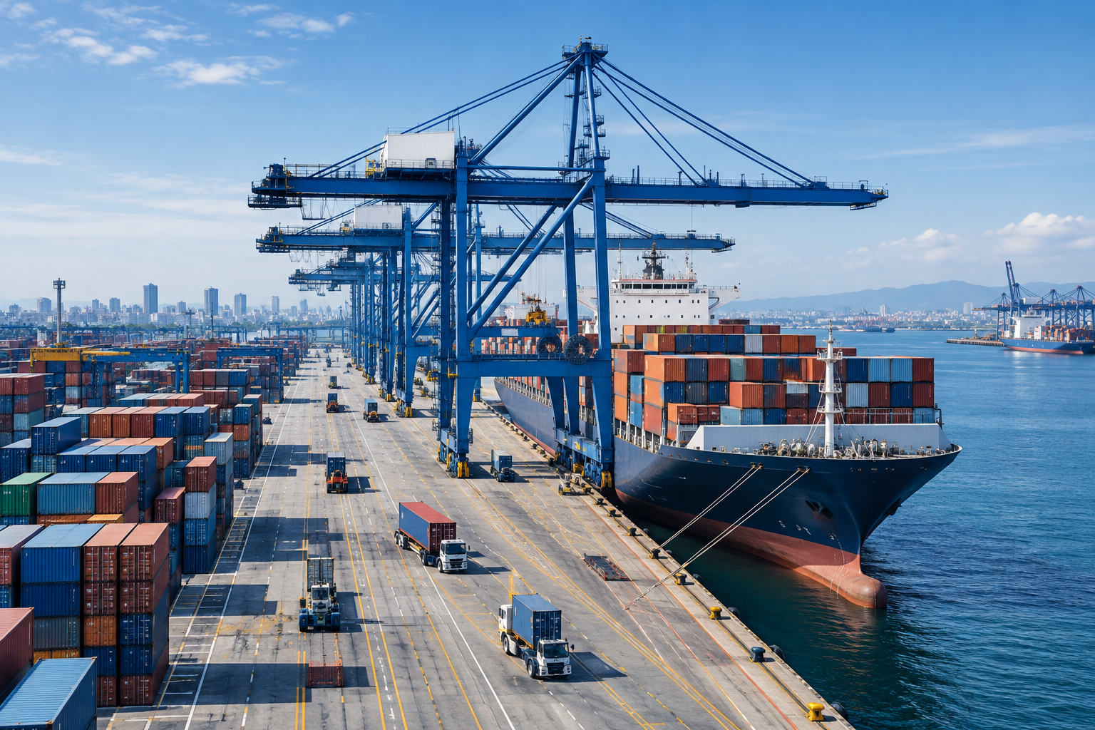 Premium view of active container port operations with cranes, stacked shipping containers, and cargo vessels under clear daylight