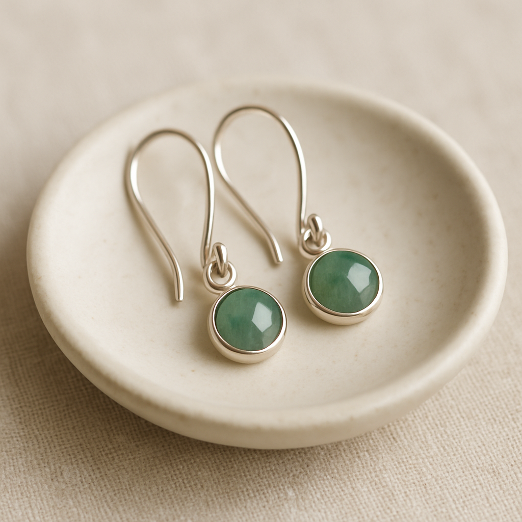 Pair of dainty handmade drop earrings with small gemstone accents on a ceramic dish
