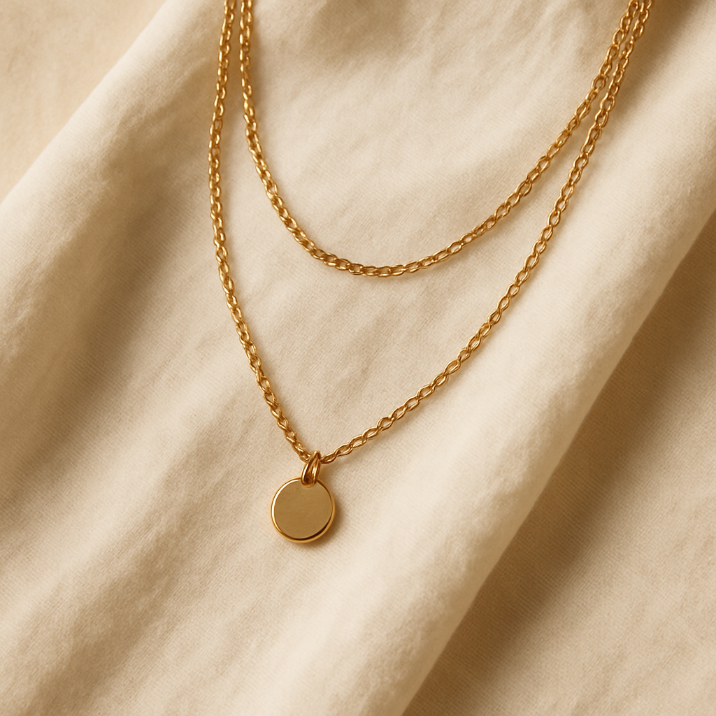 Gold layered chain necklace with a small pendant displayed on soft fabric