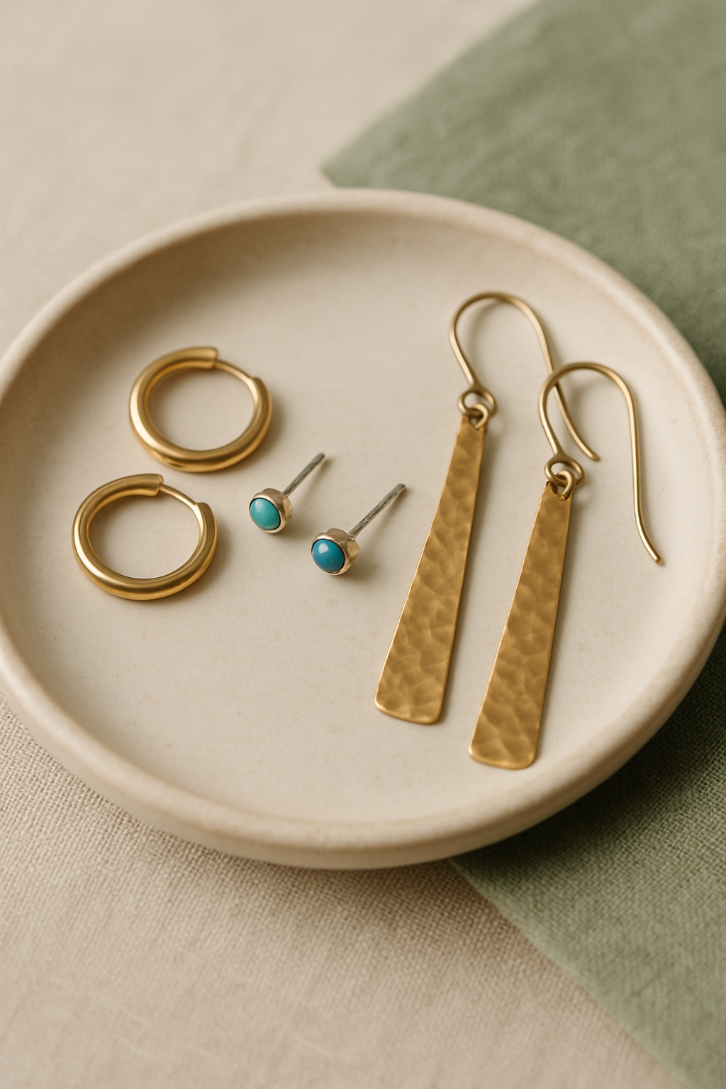 Assorted handcrafted earrings including hoops and studs on a ceramic dish