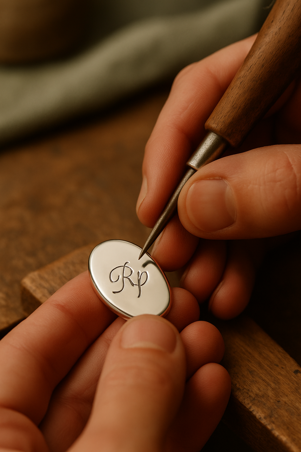 Close-up of a jeweler hand-engraving initials on a silver pendant