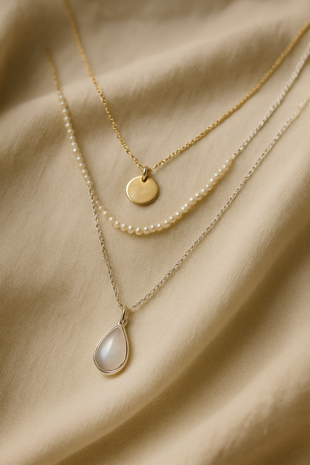 Layered handmade necklaces with pendants on a soft fabric background