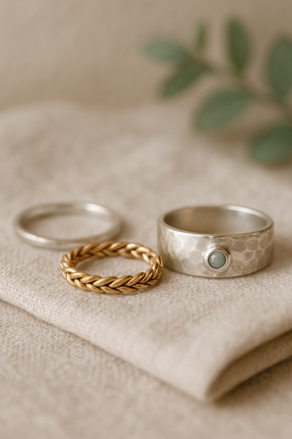 Elegant handmade silver and gold rings displayed on a linen cloth