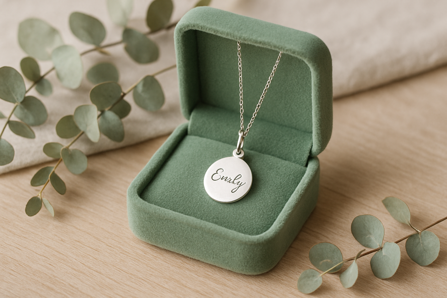 Engraved necklace displayed in a sage green gift box on a wooden surface