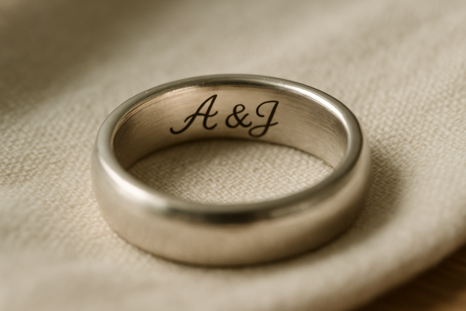Close-up of hand-engraved silver ring with cursive initials on a linen cloth