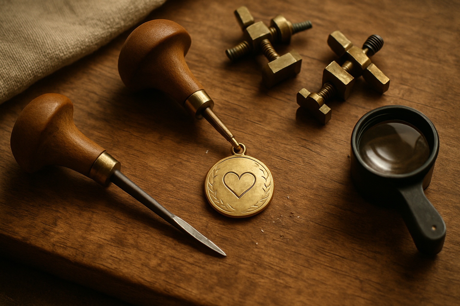 Artisan workspace with engraving tools and a gold pendant being personalized
