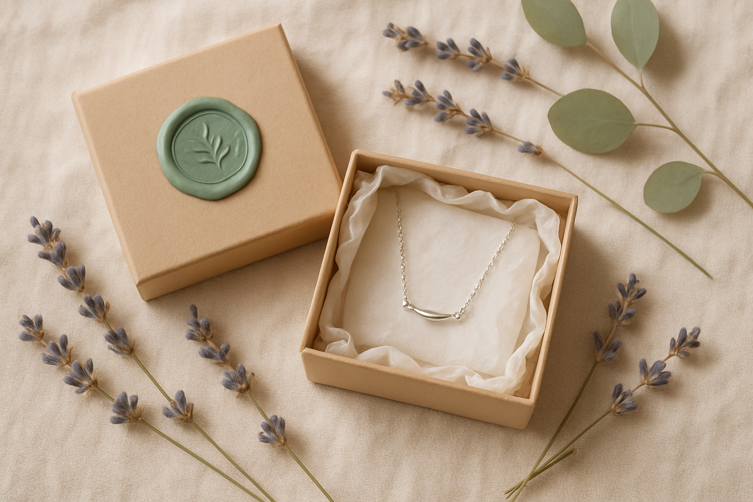 Elegant SilverLoom gift box with jewelry nestled in linen and dried flowers