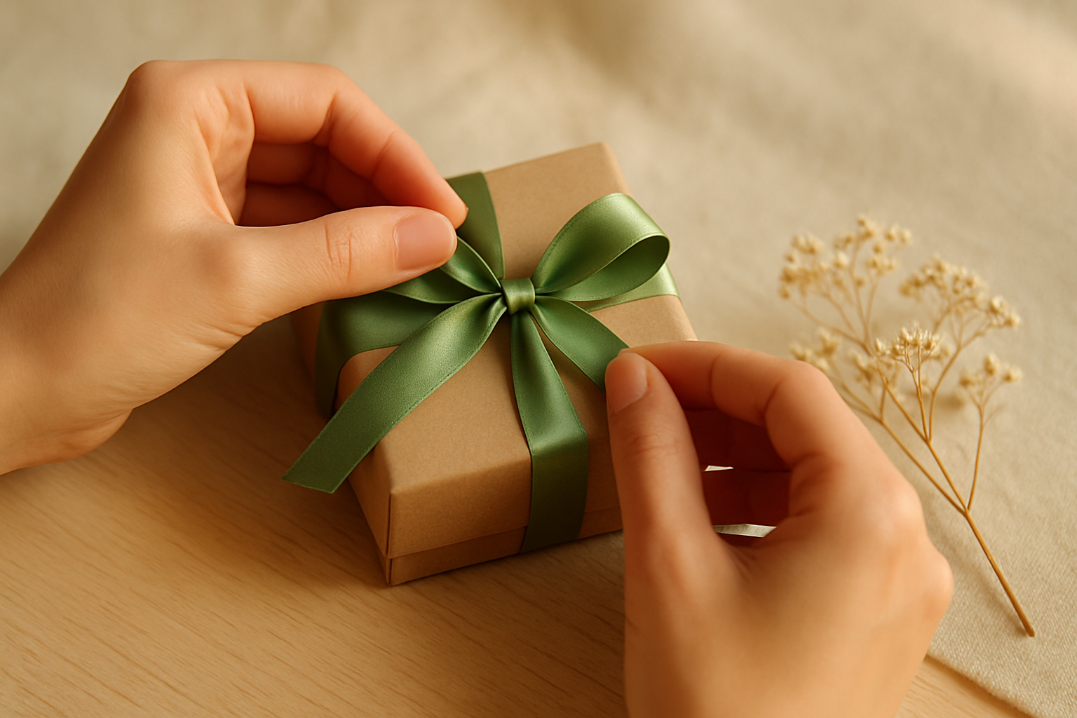 Hands tying a sage green ribbon around a small jewelry gift box