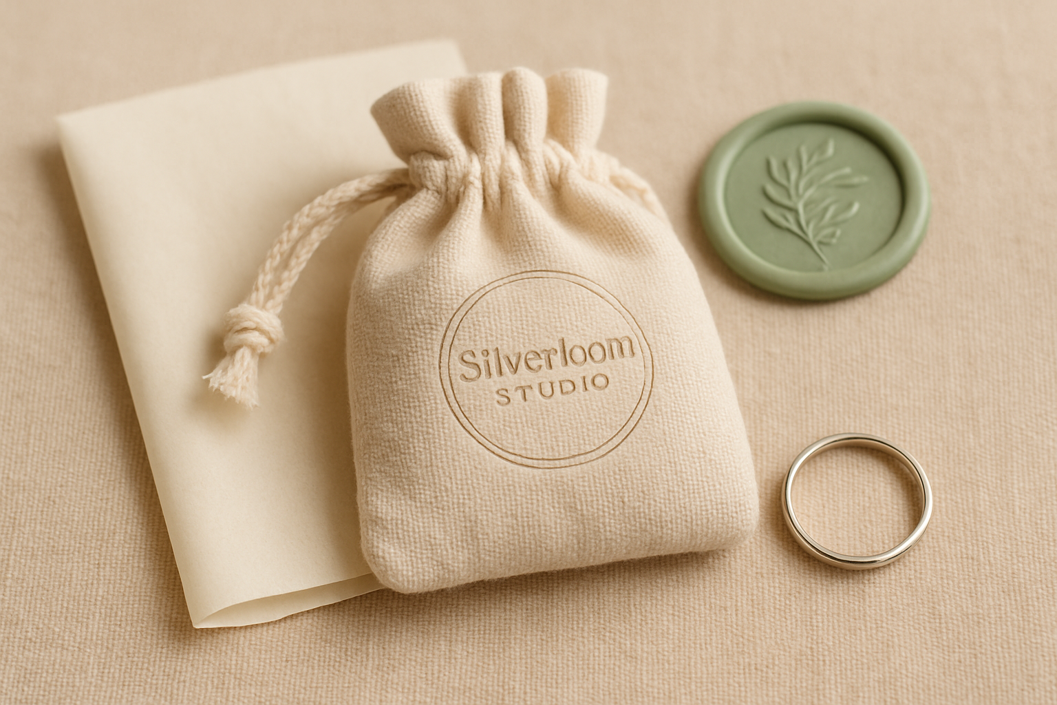 Close-up of tissue paper, wax seal, and linen pouch with silver ring