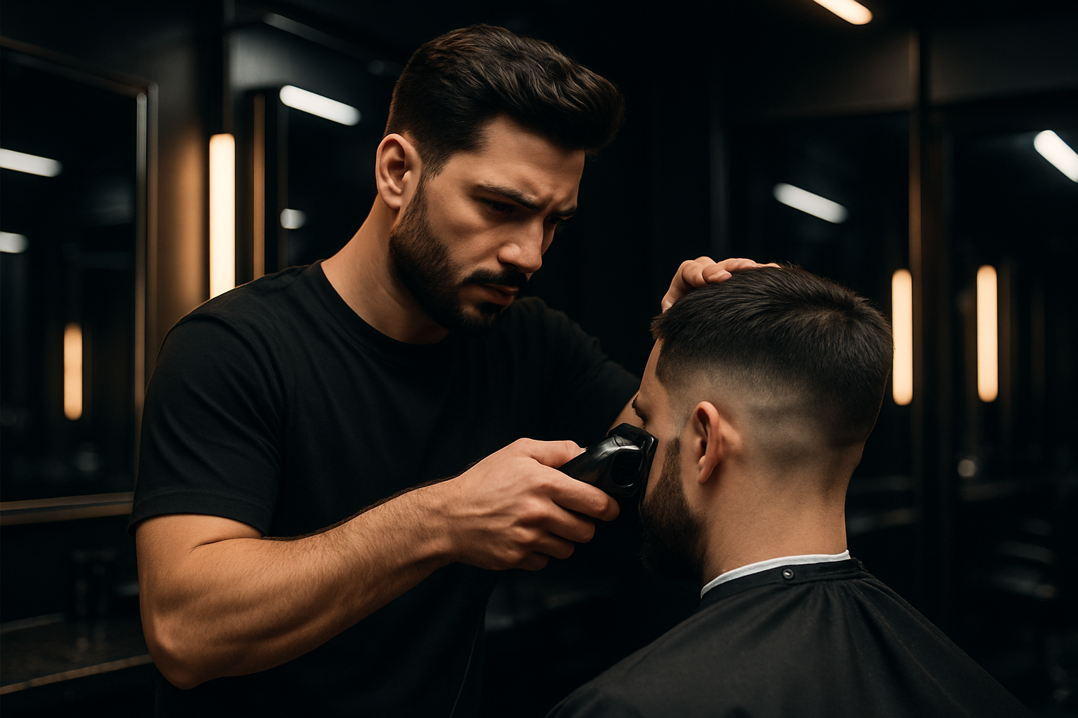 Modern barber with dark hair giving a precise fade haircut in a sleek, dimly lit barbershop
