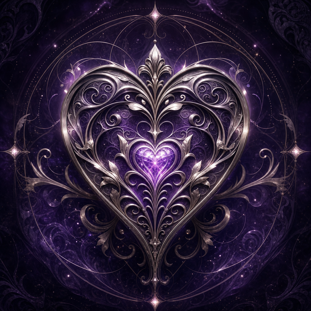 Square album cover with an ornate heart oracle symbol in silver on a dark backdrop