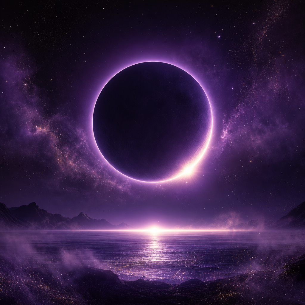 Square album cover with a deep violet moon eclipse over a glowing horizon