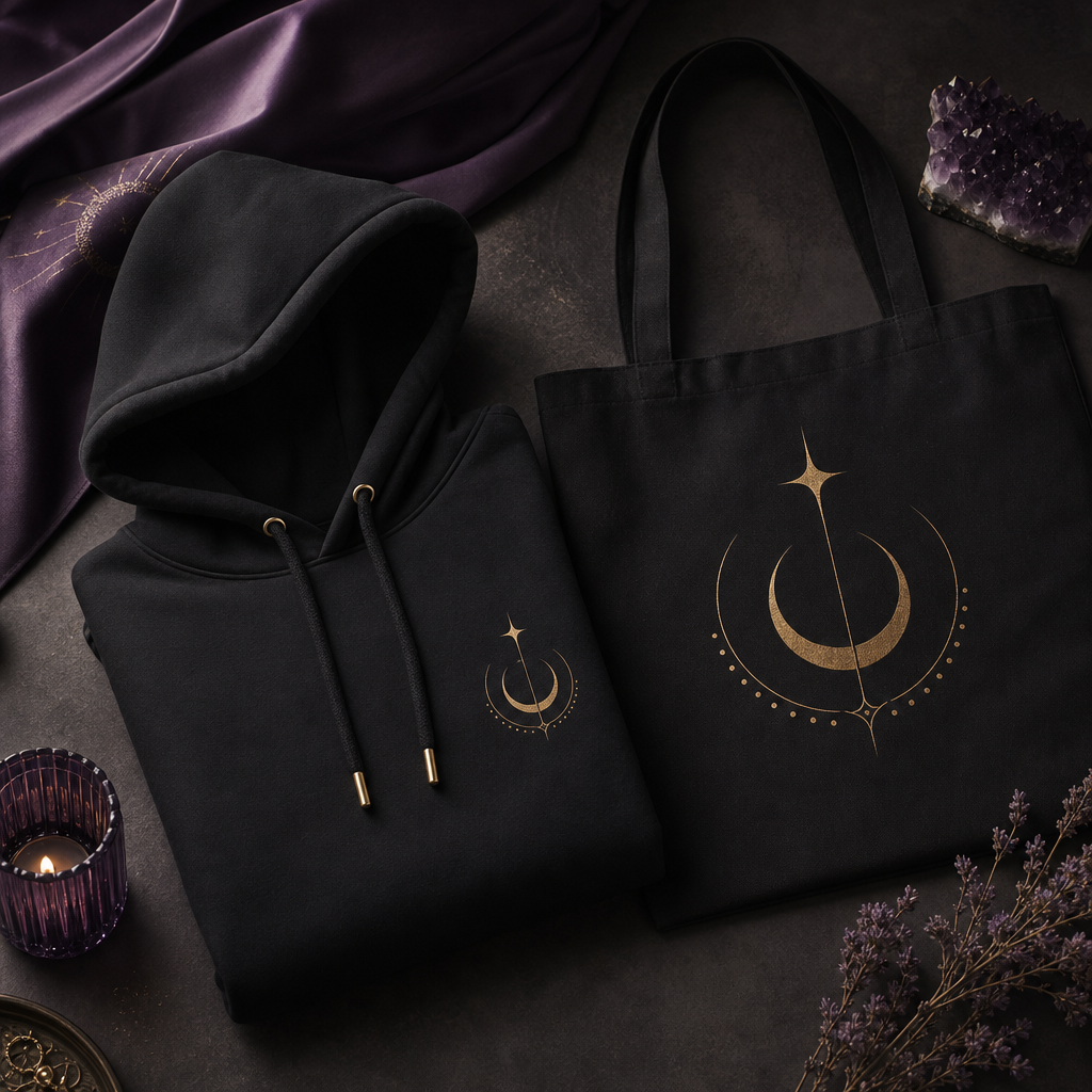 Luxury black hoodie with subtle gold emblem and a folded branded tote bag