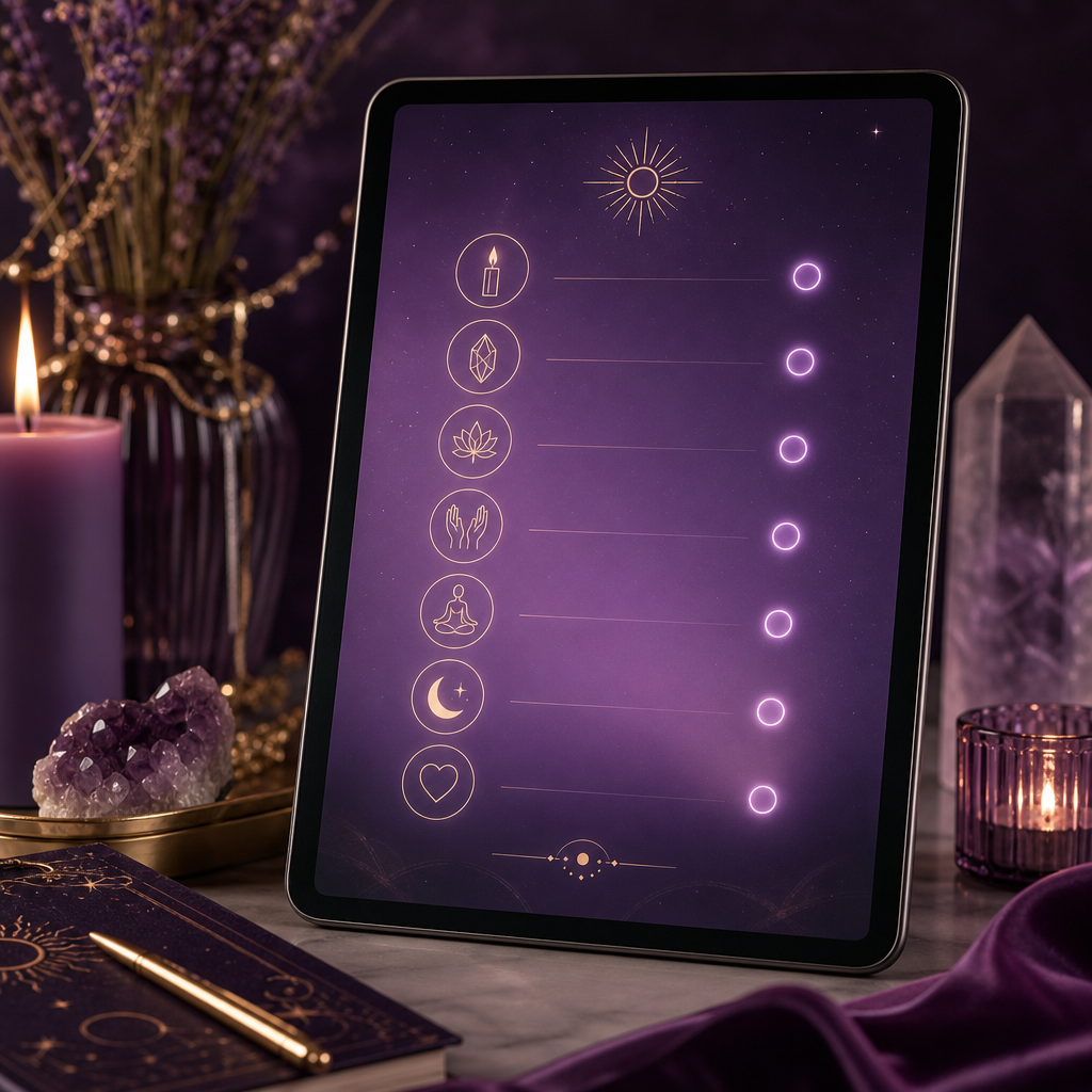 Elegant digital tablet screen displaying a luminous ritual checklist with soft violet glow and minimalist icons