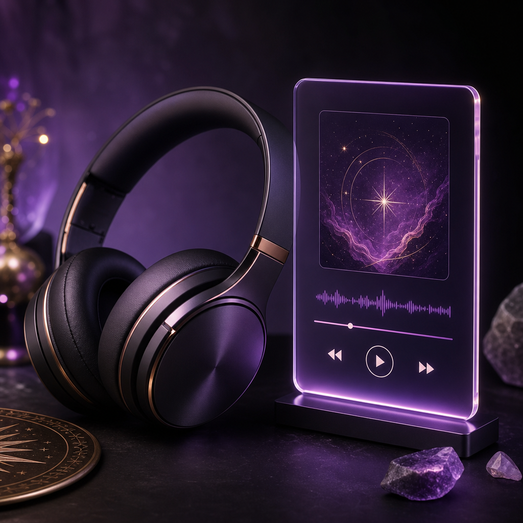 Modern headphones and a translucent music player card glowing with violet light on a dark surface