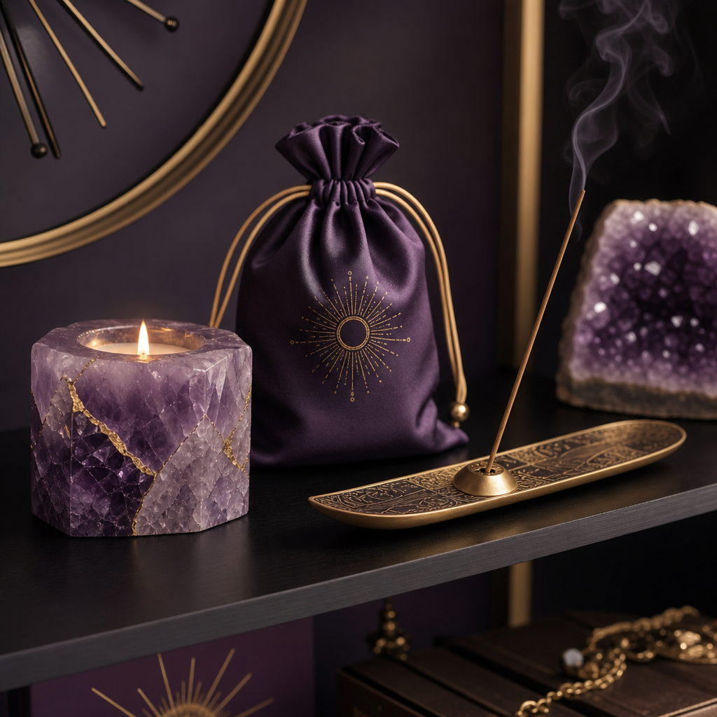 Curated lifestyle shelf with crystal candle, silk pouch, and gold-accented incense holder