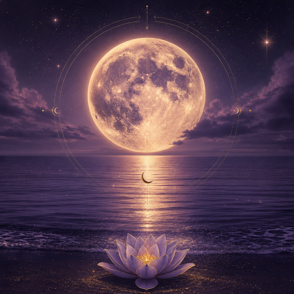 Portada del EP con una luna luminosa sobre un océano violeta y tipografía dorada