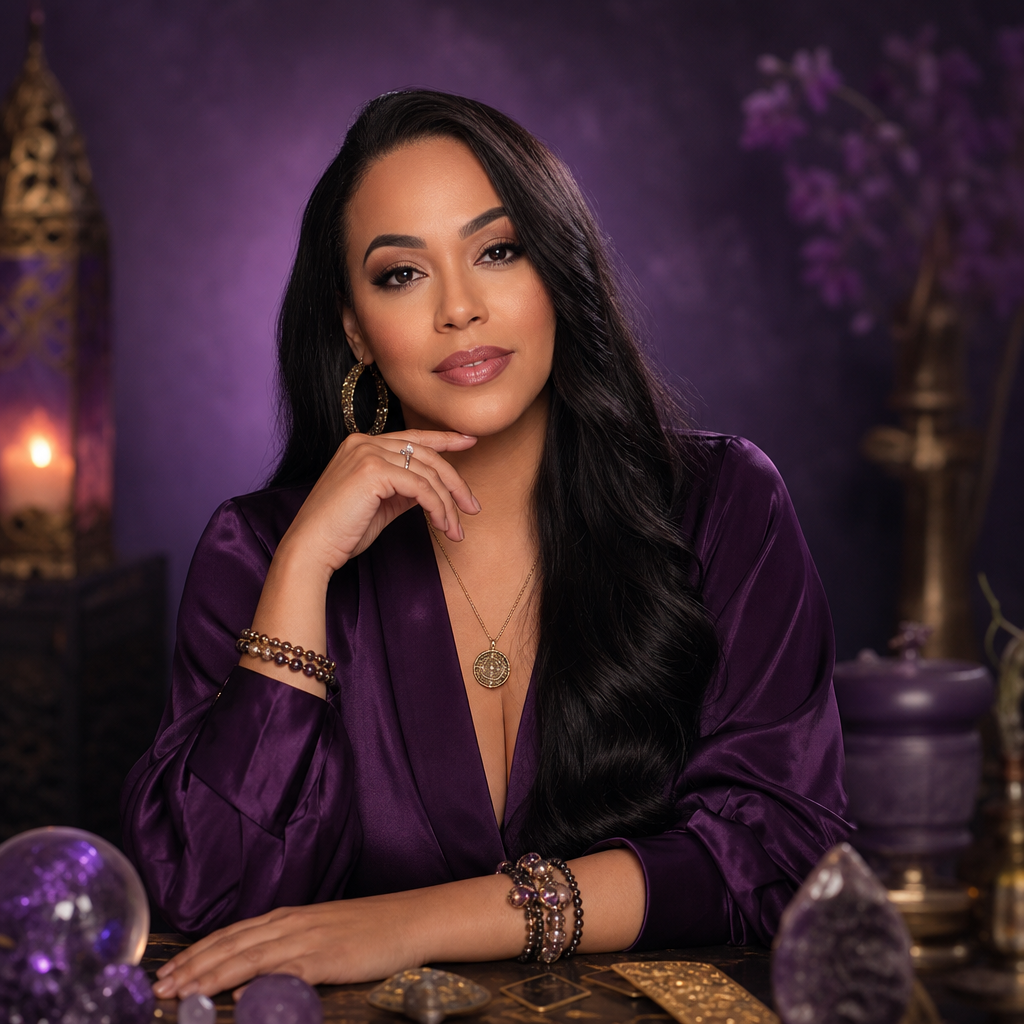 Retrato de Shisley Marie en un estudio violeta profundo con acentos luminosos suaves, vestida con elegancia y una expresión serena y segura.