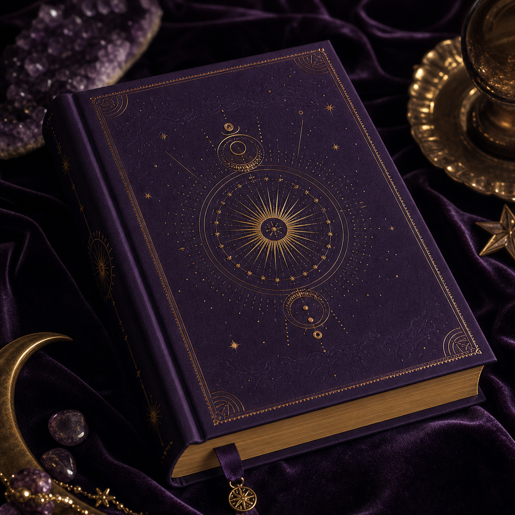 Hardcover premium book with deep violet cover, gold foil title, and celestial embossing resting on a velvet surface