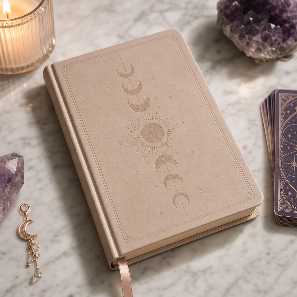 Soft beige tarot journal with embossed moon phases and a ribbon bookmark on a marble tabletop