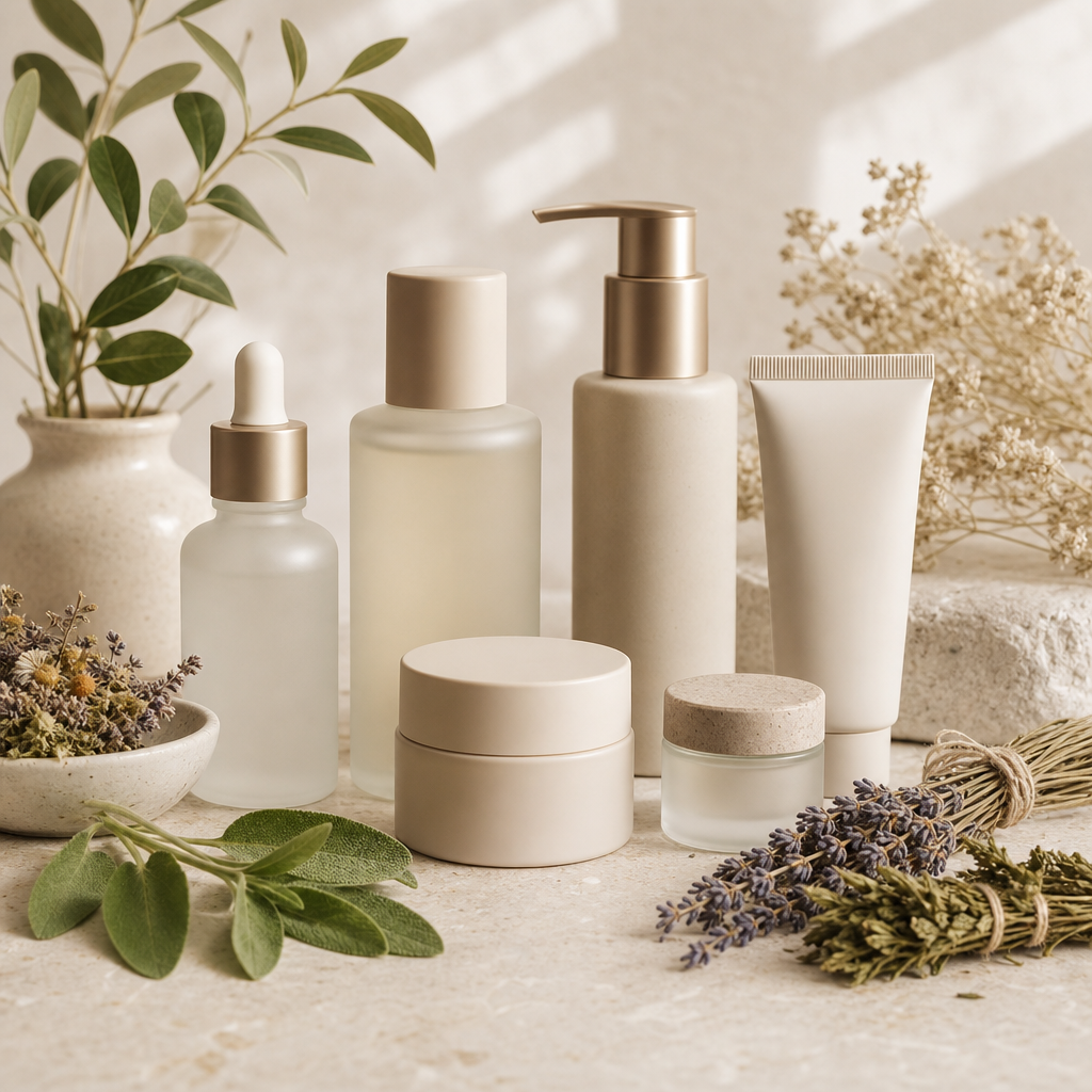 Composition élégante de flacons cosmétiques sobres et de plantes d’herboristerie sur une table claire