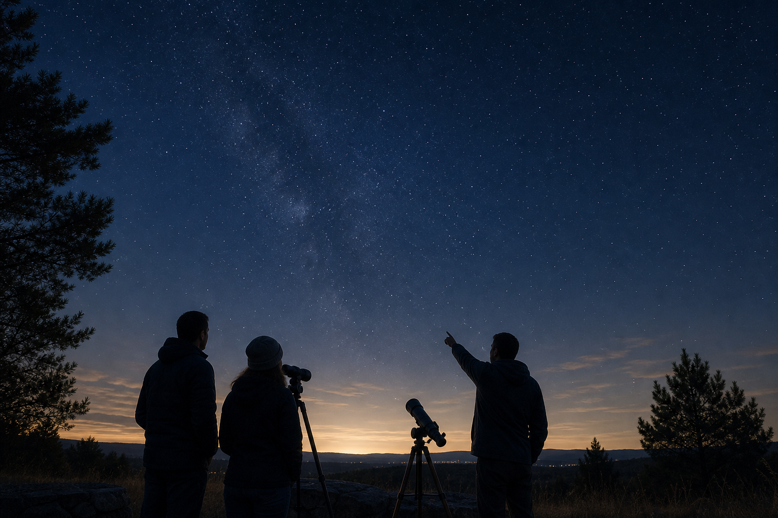 Calm night stargazing scene with two to three people observing under a clear star field
