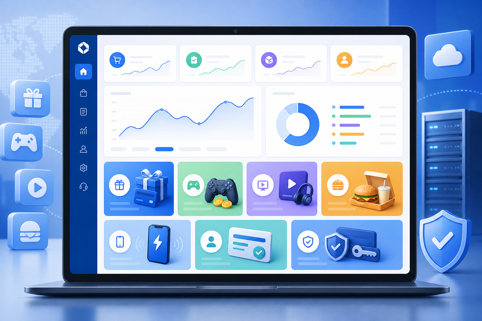 A sleek blue-toned digital voucher distribution dashboard showing analytics charts, category tiles for gift cards, game top-ups, streaming memberships, food delivery coupons, mobile top-up, subscriptions, and software licenses on a clean corporate interface