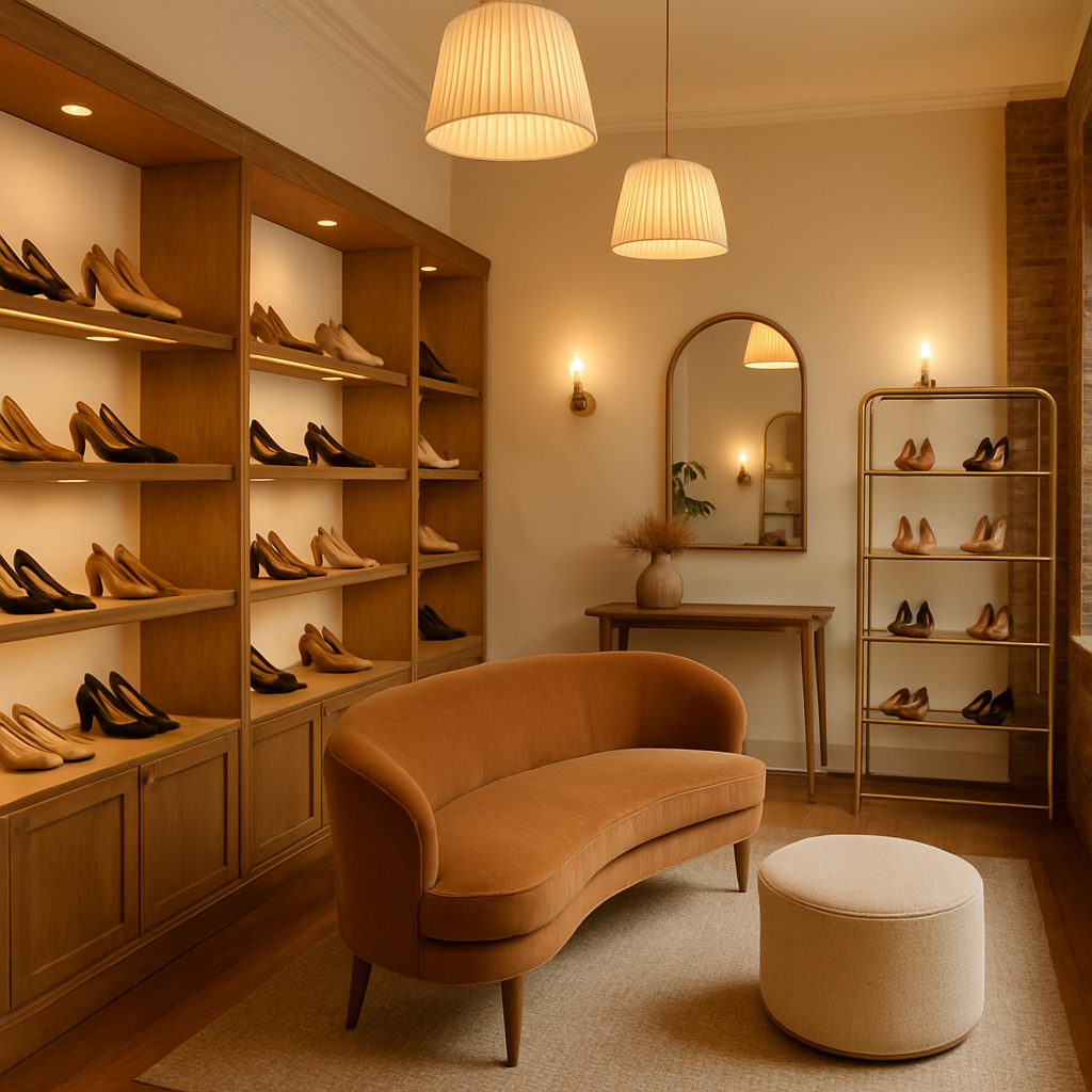 Warm, inviting Brooklyn women's shoe boutique interior with elegant displays and comfortable atmosphere