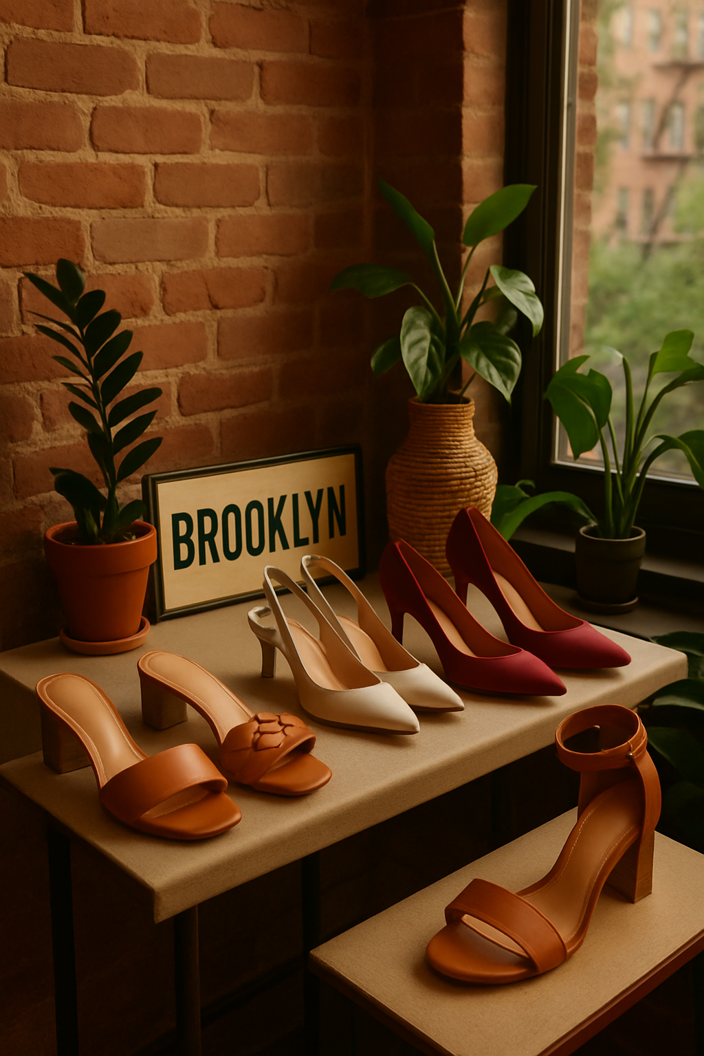 Showcase of stylish women's shoes in a Brooklyn setting