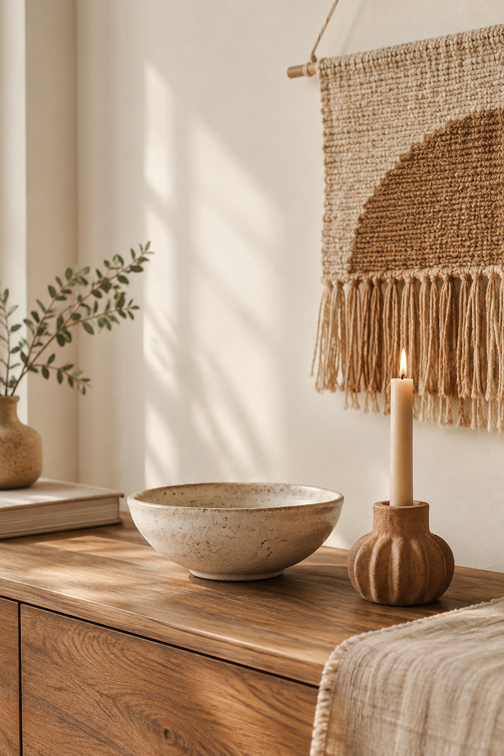 Close, calm interior corner with handmade decor, natural wood and linen textures, and soft daylight