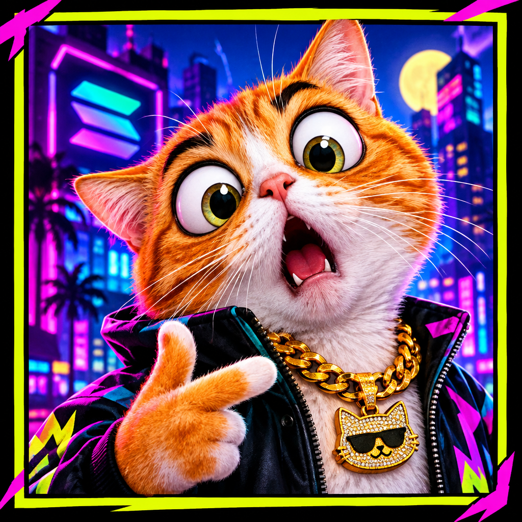 Shocked cat with huge startled eyes wearing a loud street-style collar, posed like a confident meme coin mascot