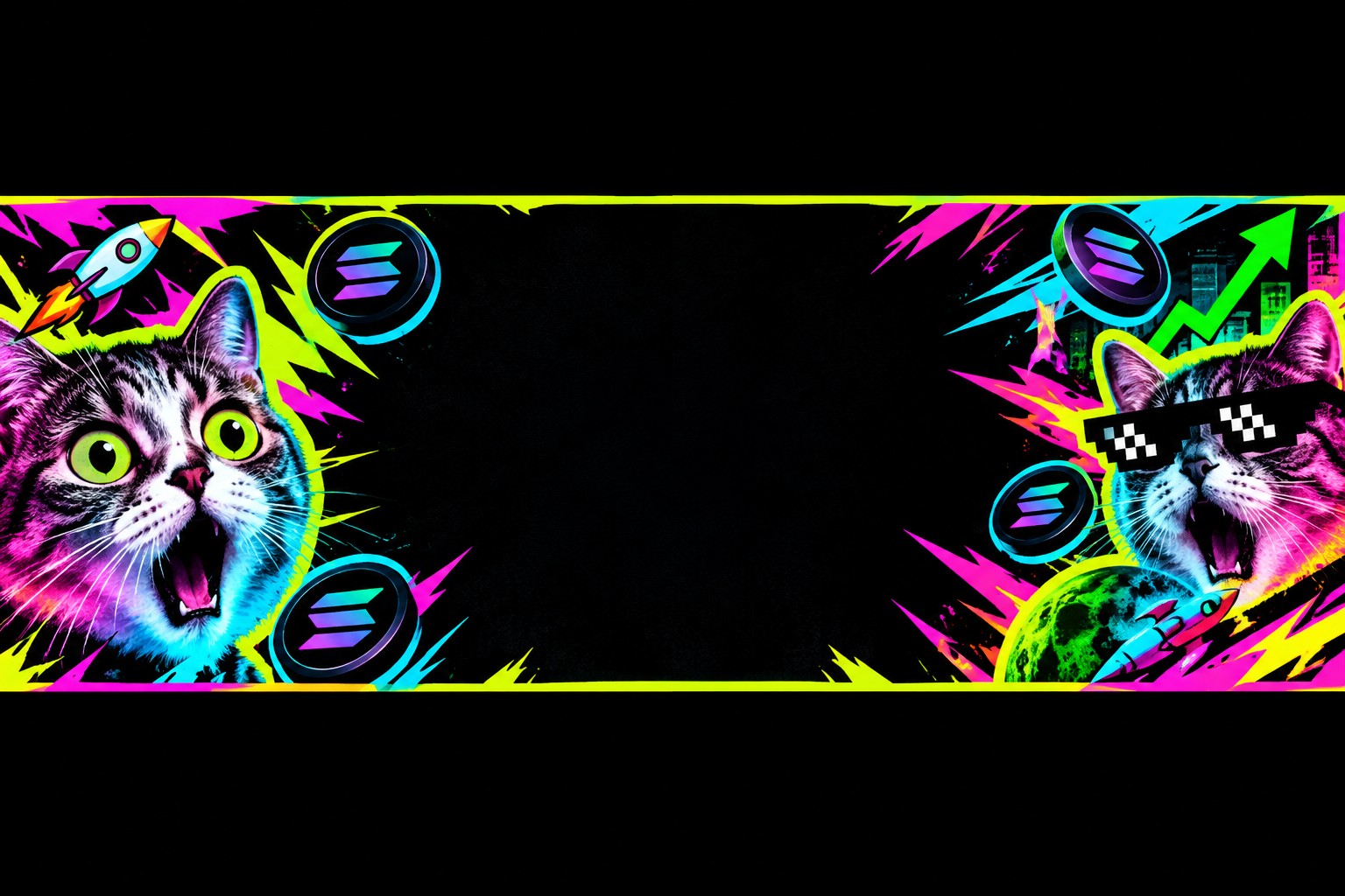 Horizontal meme strip placeholder with shocked cat branding and bold empty center