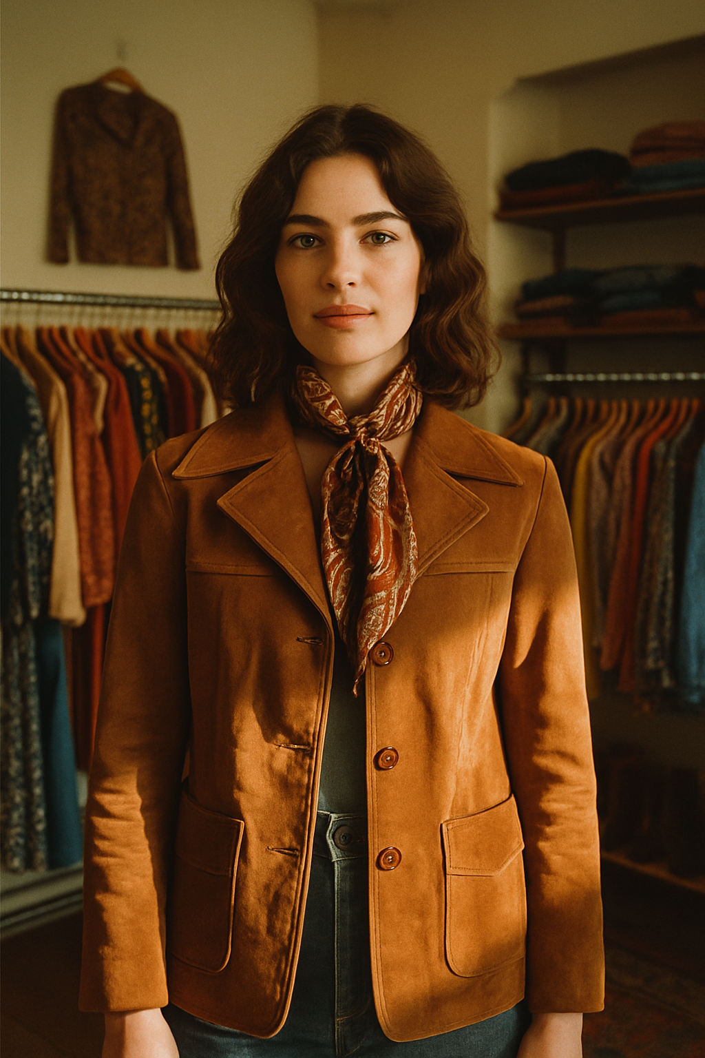 A stylish person wearing a 70s-inspired brown suede jacket with a patterned silk scarf, standing in warm sunlit film-like glow with vintage boutique clothing racks behind