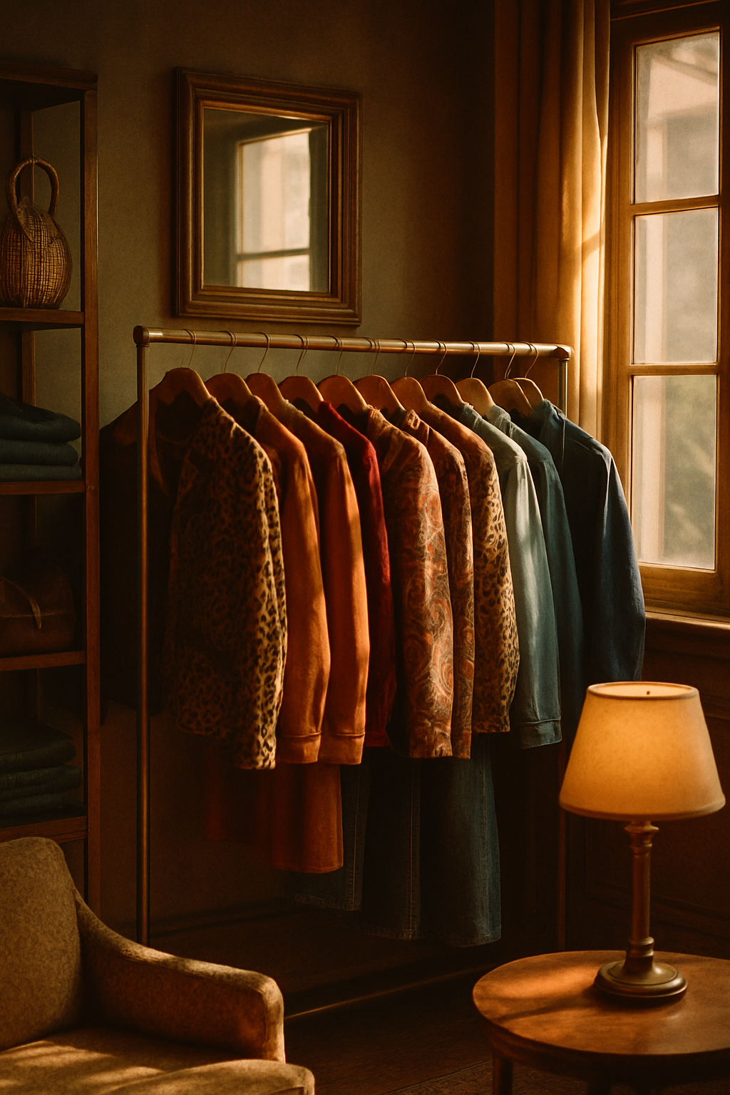 Warm film-style portrait of a vintage fashion boutique with a curated rack of 70s and 80s jackets, soft sunlight, and cozy retro decor