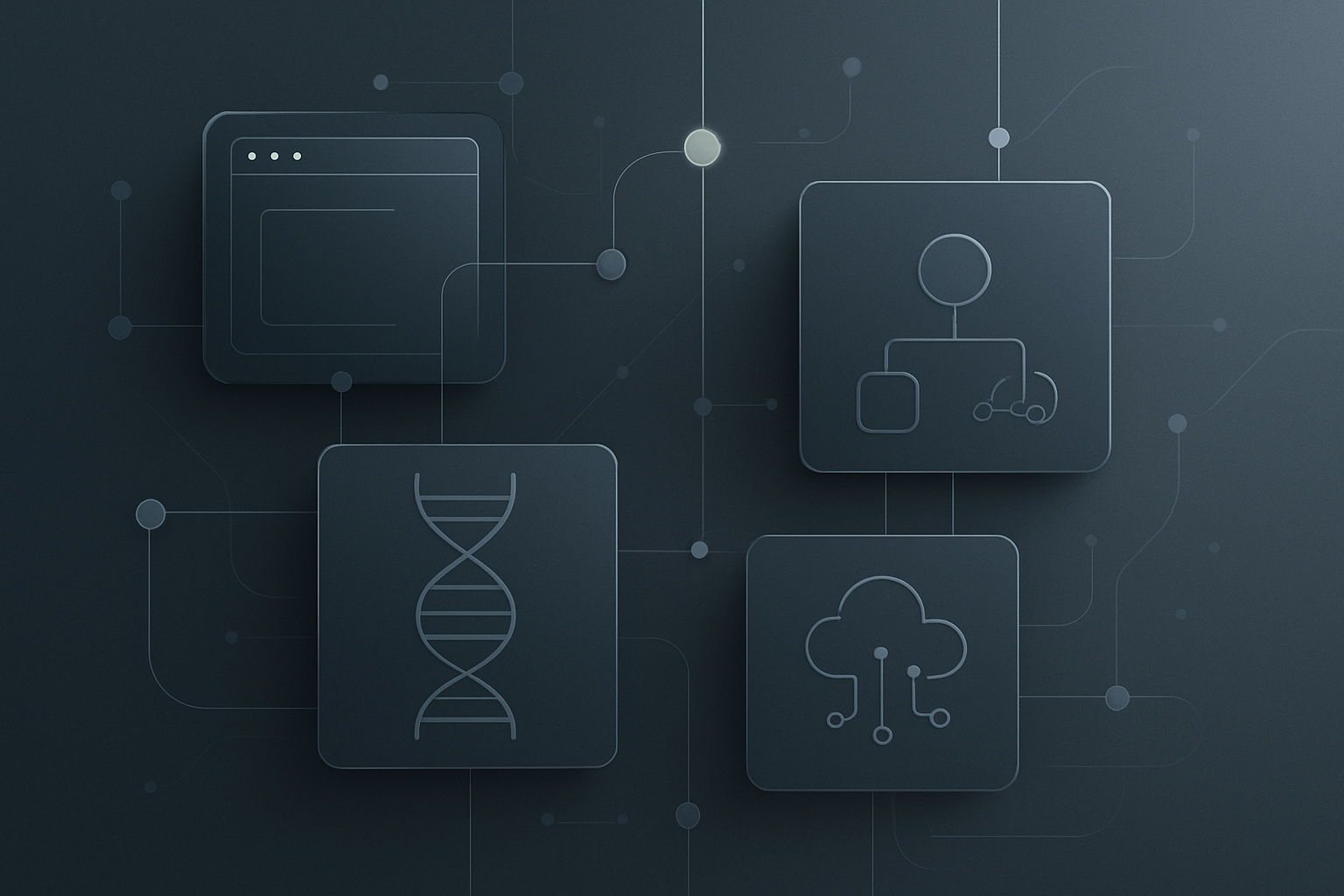 Abstract visualization of interconnected digital domains and biotech motifs