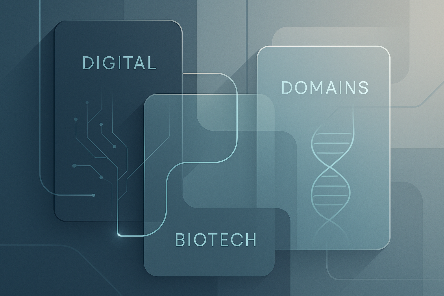 Abstract visualization of interconnected digital domains and biotech motifs