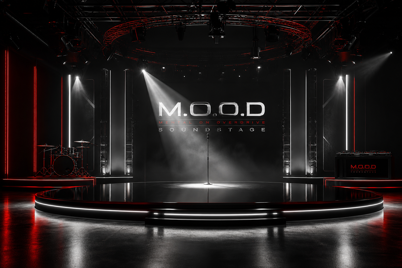 Cinematic soundstage with a silver-lit performance platform, deep black backdrop, red accent lighting, and a spotlight cutting through atmospheric haze