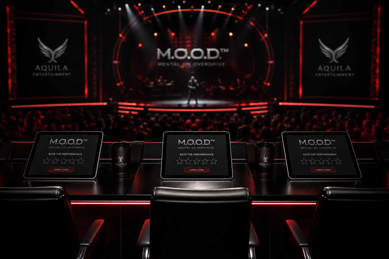 Luxury judging panel with sleek silver tablets, soft red LED lighting, and a live performance stage in the background