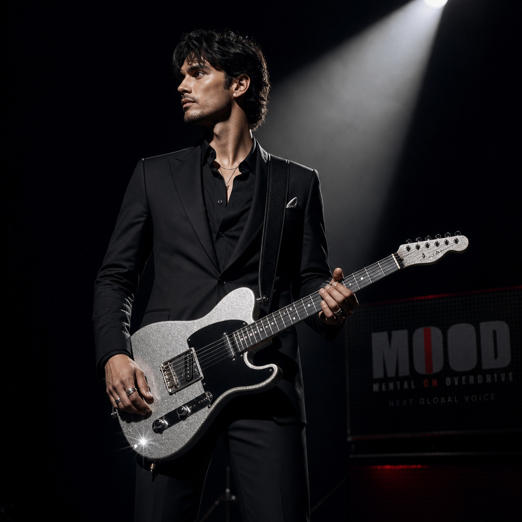 Next Global Voice portrait, a guitarist in a sleek black suit under silver spotlight
