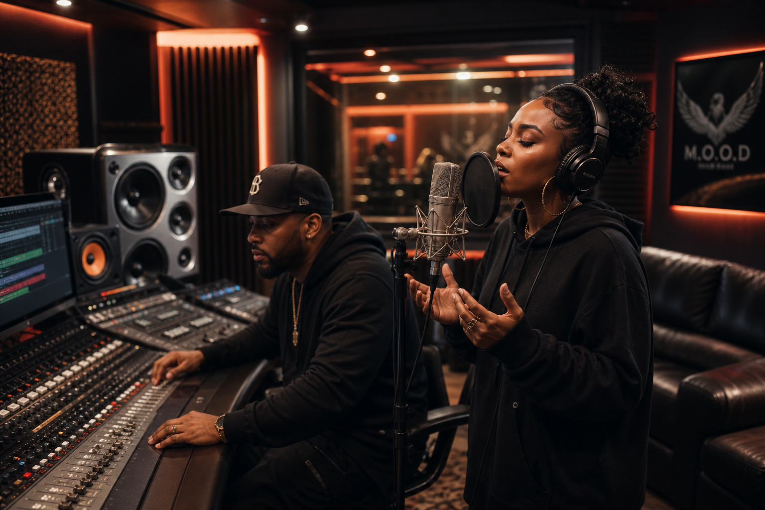 Premium recording studio with a producer collaborating beside a vocalist, cinematic lighting with orange accents, and high-end audio equipment