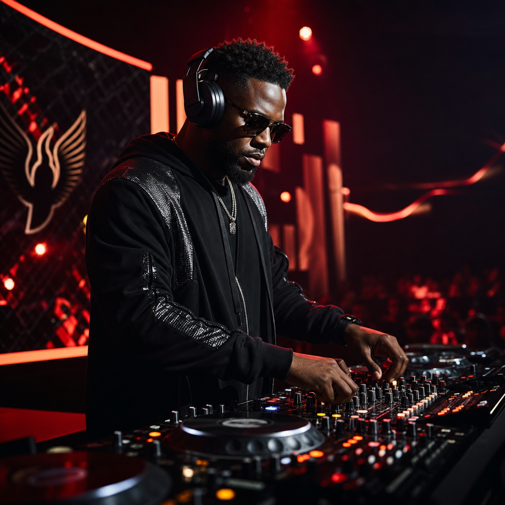 Spotlight Track performance, a DJ at a midnight console with warm red stage glow