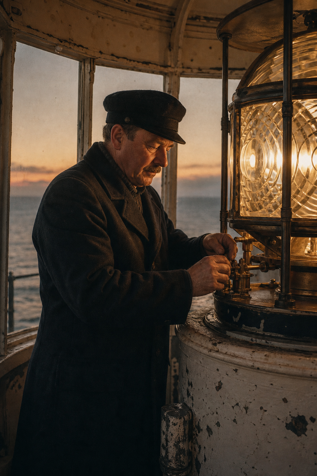 Warm archival photograph of a lighthouse keeper tending the signal lantern at dusk