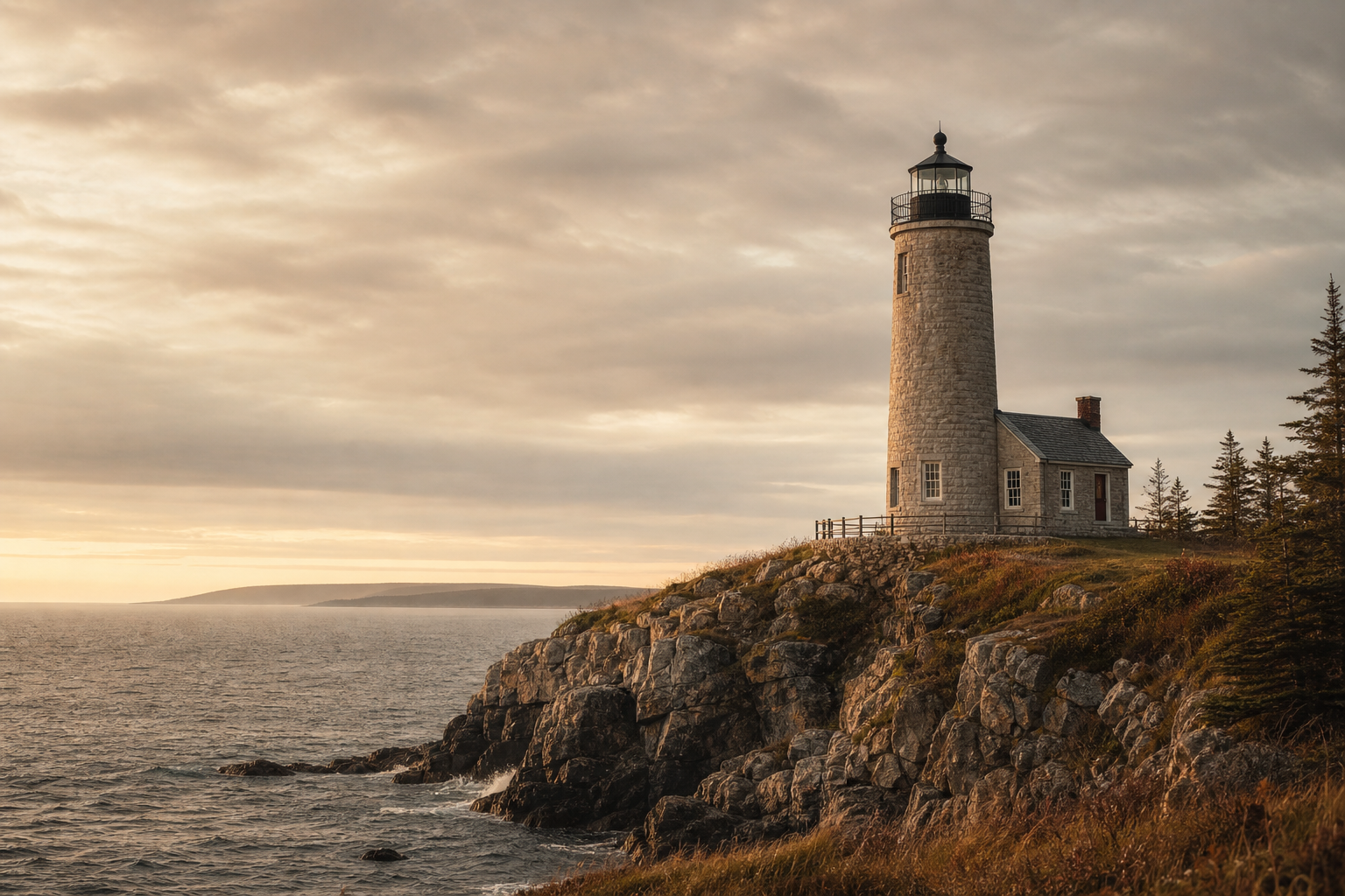 Warm film-style photograph of a preserved lighthouse on a rugged northern coastline in soft coastal light