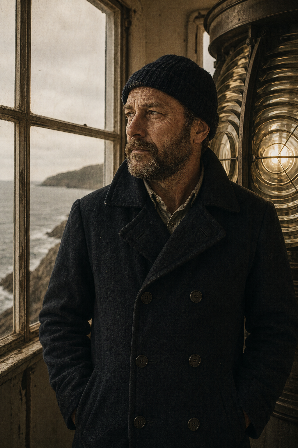 Sepia portrait of lighthouse keeper Elias Ward in a thick wool coat beside a lantern room window