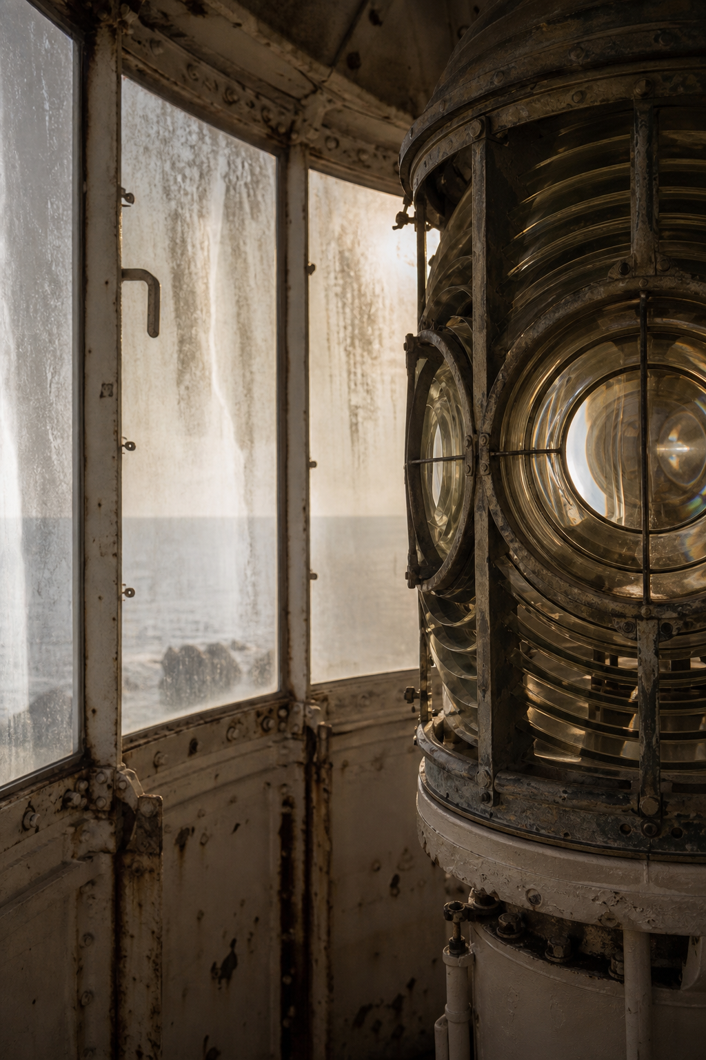 Close-up documentary photograph of a weathered lighthouse lantern room with aged brass fittings, salt-stained glass, and soft natural coastal light