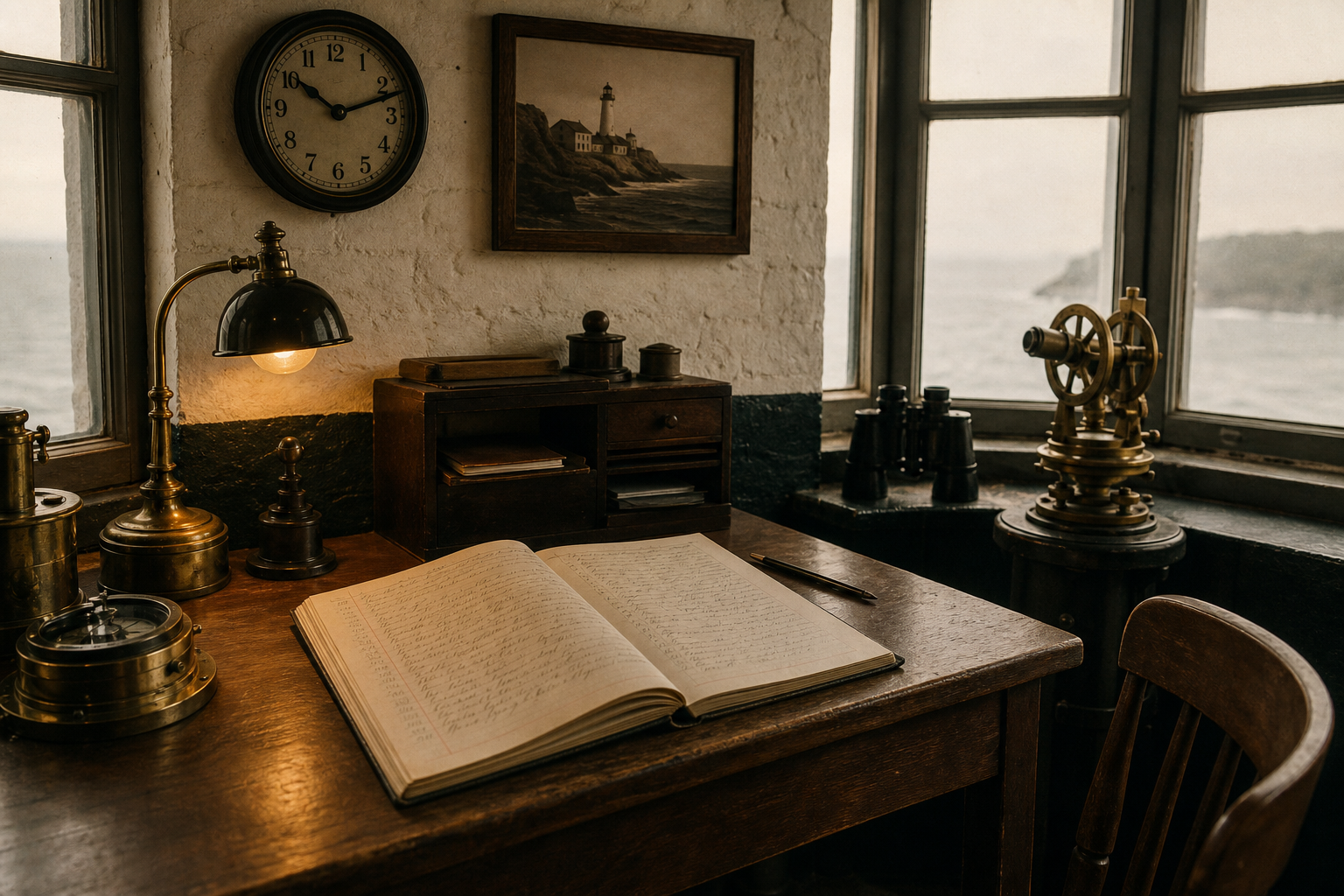 Interior view of a lighthouse watch room with brass instruments, a wooden desk, and an open handwritten logbook