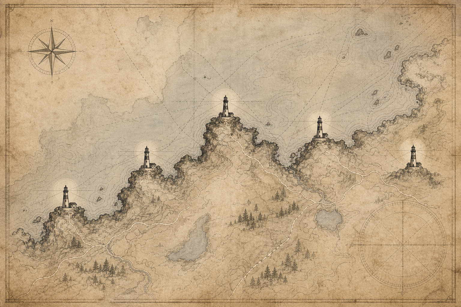 Stylized archival coast chart showing northern lighthouse distribution with shoreline contours and beacon markers