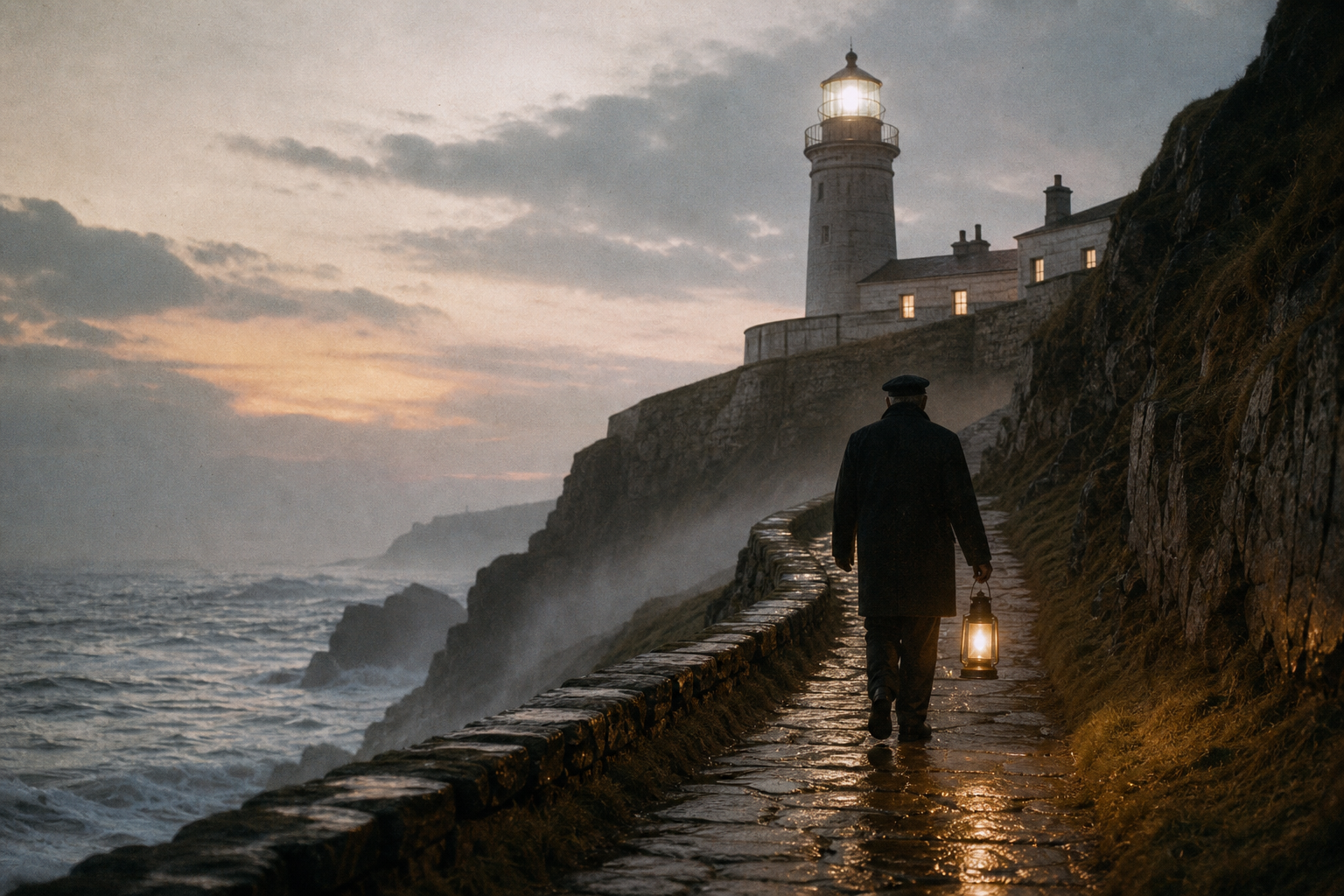 Keeper silhouette carrying a hand lantern along a wet stone path beneath a cliffside lighthouse at dusk